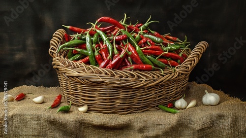Basket of red and green chili peppers with garlic.