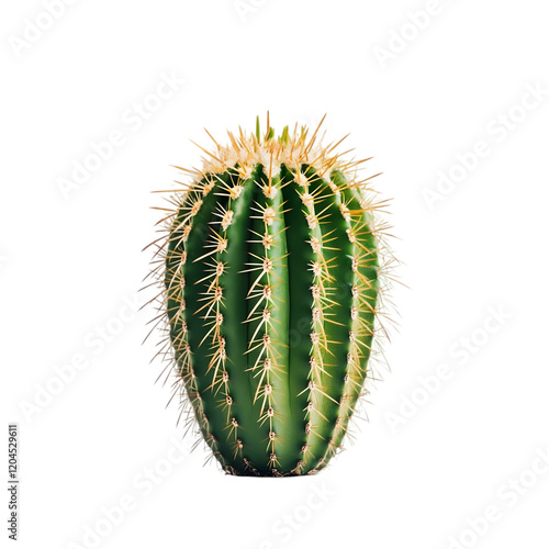 Vibrant Green Cactus with Prominent Spines Isolated on Black Bac photo