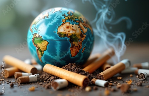 World globe surrounded by discarded cigarettes, smoke. Harmful effects of tobacco highlighted globally. Image health risks associated with smoking. Prevention of smoking global health concern. Focus photo