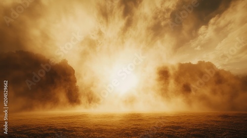 Dusty, hazy landscape at sunset with sun rays breaking through clouds.