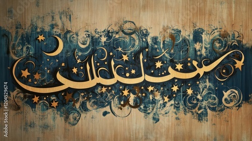 Arabic calligraphy with stars and moon on grunge background.