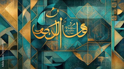 Abstract Islamic calligraphy art with geometric patterns and teal gold color scheme.