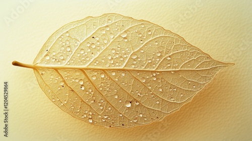 A golden skeleton leaf layered with dewdrops epitomizes delicate beauty, showcasing nature's intricate patterns and the fleeting essence of life. photo