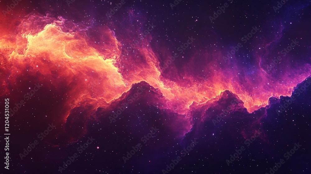 Fiery Nebula in Deep Space, Cosmic Clouds of Orange and Purple Fiery Nebula in Deep Space, Cosmic Clouds of Orange and Purple