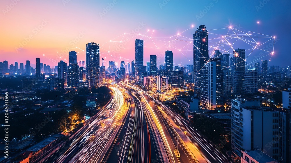 Futuristic city skyline with illuminated buildings and interconnected networks at dusk Futuristic city skyline with illuminated buildings and interconnected networks at dusk