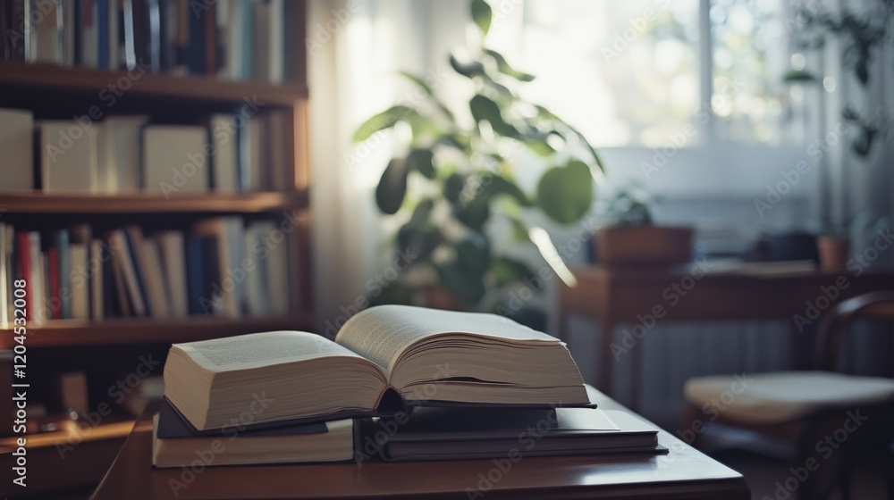 An open book rests invitingly on a wooden table in a cozy, sunlit library corner, surrounded by lush greenery, inviting exploration and reflection. An open book rests invitingly on a wooden table in a cozy, sunlit library corner, surrounded by lush greenery, inviting exploration and reflection.