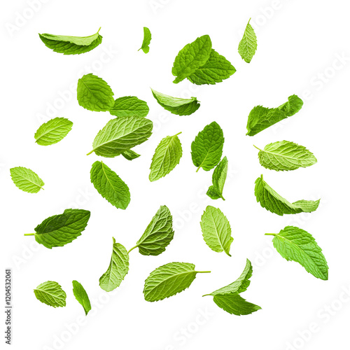 Fresh Green Mint Leaves Isolated Background for Herbal Tea Collection