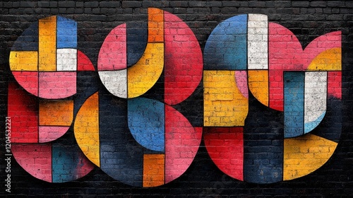 Colorful geometric mural on a brick wall, showcasing vibrant shapes and patterns in an urban setting