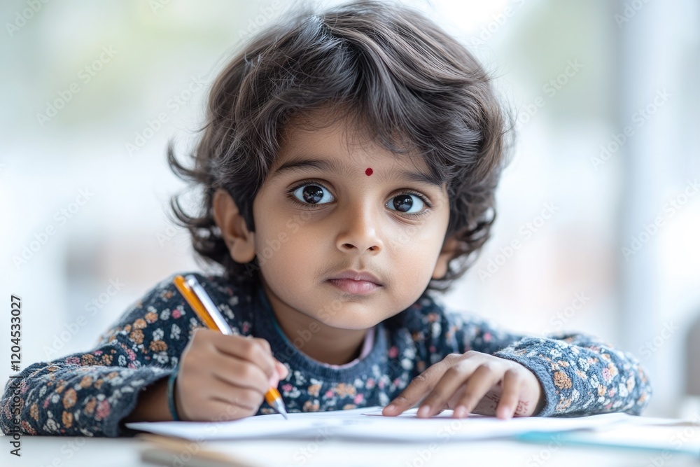 A young girl sits at a table with a pencil, focusing on her schoolwork A young girl sits at a table with a pencil, focusing on her schoolwork
