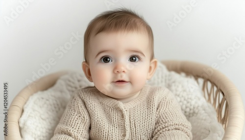 Beautiful Toddler Girl In Beige Sweater Eating In Child'S Chair Indoors With White Background, Ideal For Advertising Or Promotion. photo