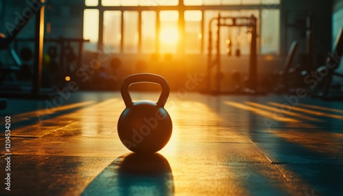 Kettlebell On Floor In Gym With Sunlight Effect: A Scene Of Fitness Training With Sports Equipment. photo