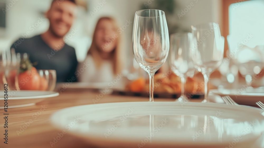 A minimalist composition of plates, glasses, and utensils on a dining table, with a blurred family laughing in the background A minimalist composition of plates, glasses, and utensils on a dining table, with a blurred family laughing in the background