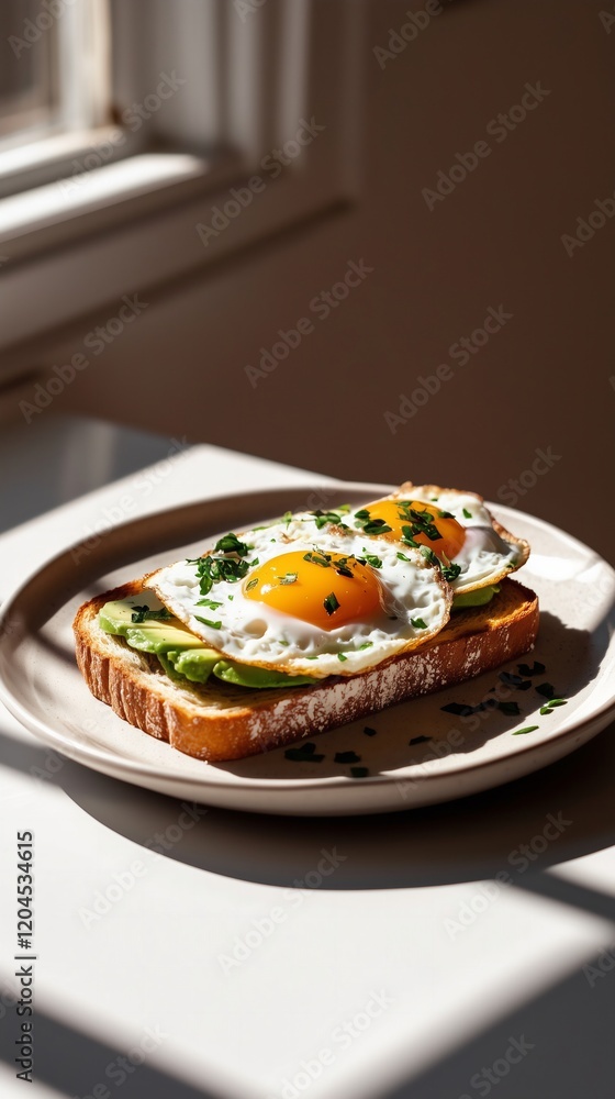 sourdough bread toast with avocado and poached egg and seeds on top of glazed plate, sun and shadows, theres is a dramatic shadow play sourdough bread toast with avocado and poached egg and seeds on top of glazed plate, sun and shadows, theres is a dramatic shadow play