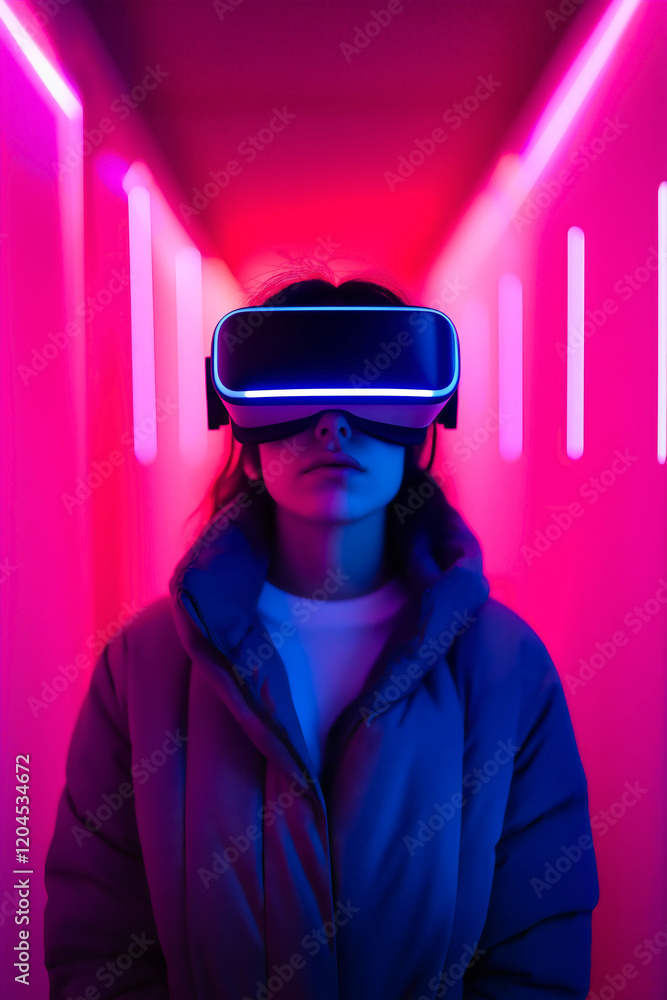 Futuristic Woman in Virtual Reality Headset Experiencing Innovative Technology in the Metaverse Futuristic Woman in Virtual Reality Headset Experiencing Innovative Technology in the Metaverse