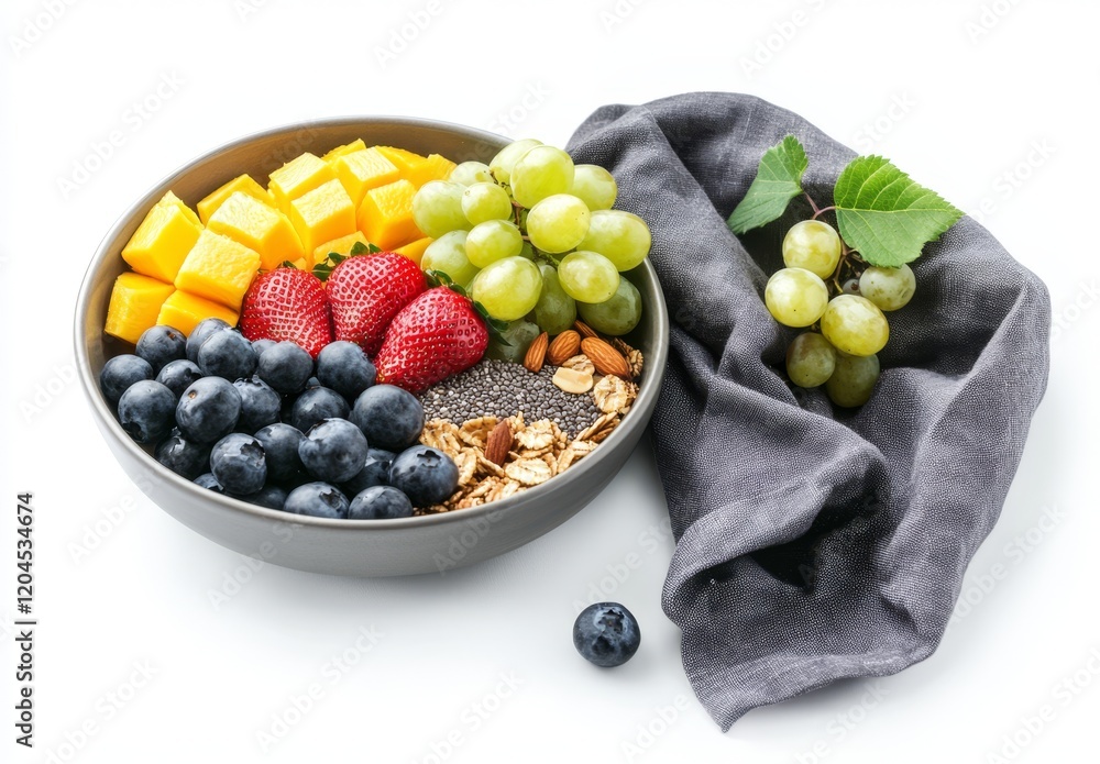 Colorful fruit and granola bowl with mango, strawberries, blueberries, grapes, chia seeds, and almonds. Colorful fruit and granola bowl with mango, strawberries, blueberries, grapes, chia seeds, and almonds.