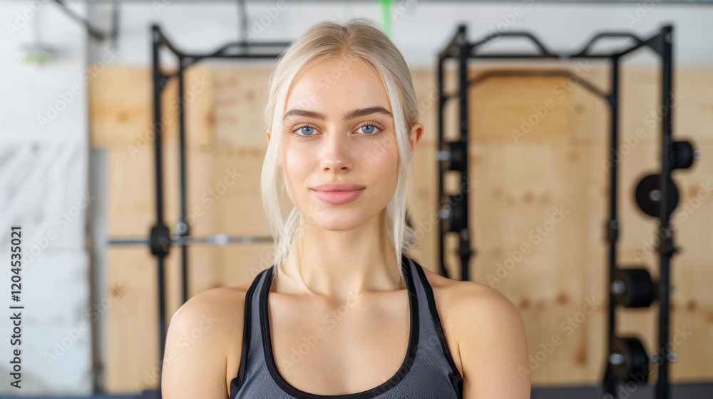 Obraz premium Confident blonde woman in stylish sportswear showcases her strength and dedication at the gym.
