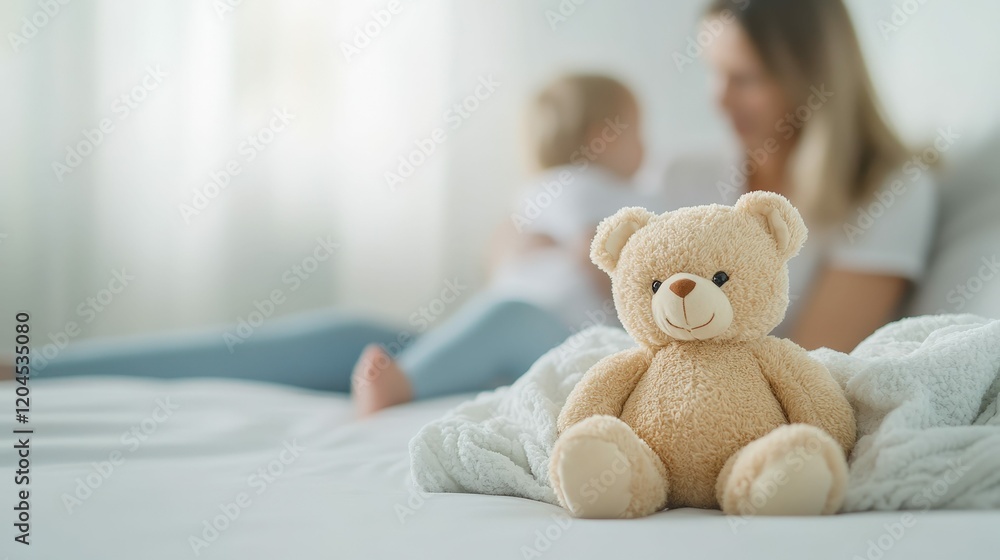 A minimalist still life of a teddy bear and a blanket on a bed, with a blurred mother and child comforting each other in the background A minimalist still life of a teddy bear and a blanket on a bed, with a blurred mother and child comforting each other in the background