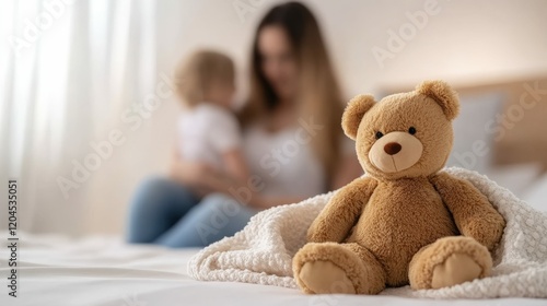 Cozy scene with teddy bear and motherly love