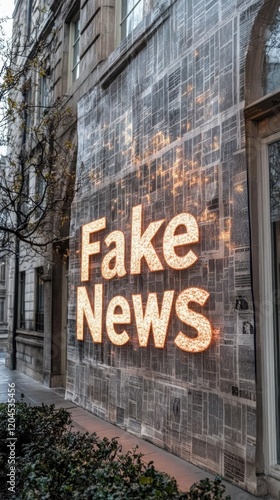 A striking neon sign reading 'Fake News' glows against a backdrop of newspaper clippings, provoking thought about media and information's role in today's society.