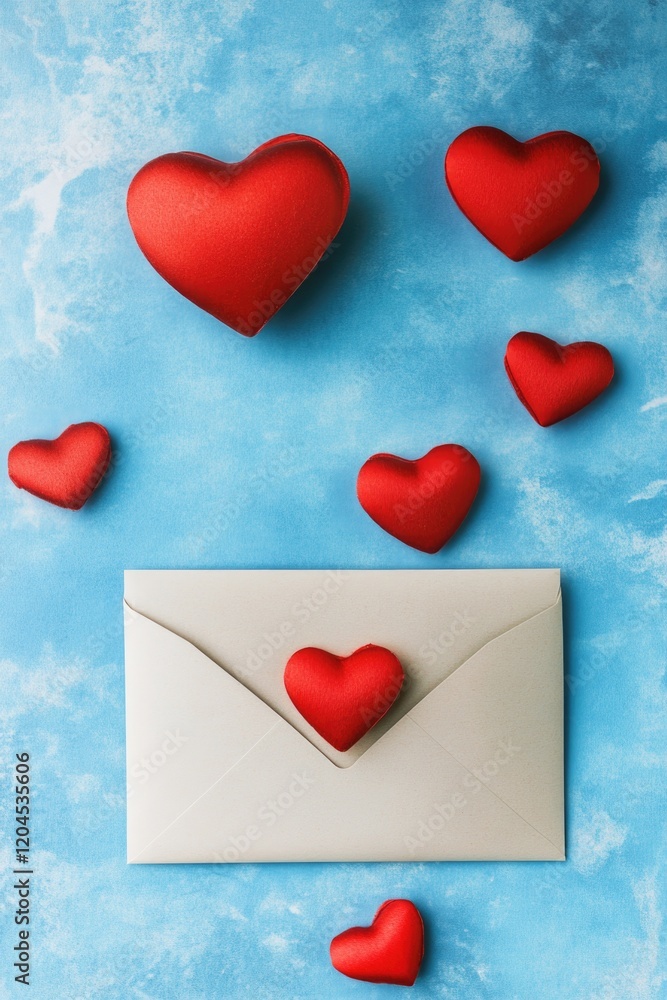 A simple white envelope with red hearts printed on a blue background, perfect for valentines day or romantic occasions A simple white envelope with red hearts printed on a blue background, perfect for valentines day or romantic occasions
