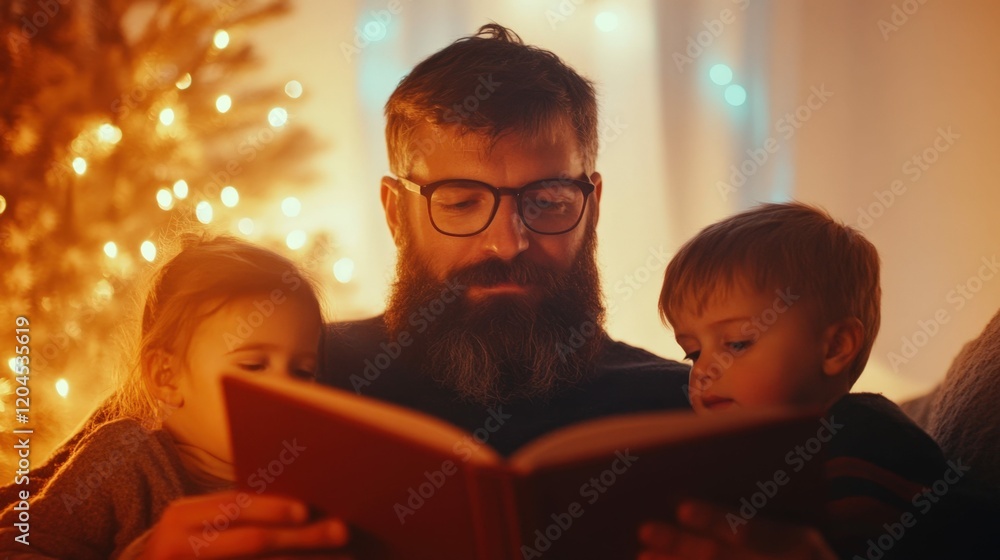A father with a beard and glasses reading a story to his two children in a living room decorated with holiday elements, soft warm evening lighting, A father with a beard and glasses reading a story to his two children in a living room decorated with holiday elements, soft warm evening lighting,