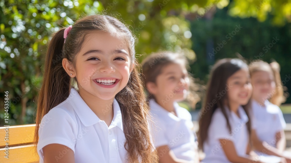A Latina girl laughing with her classmates as they sit on a sunny bench outside the school, vibrant and social, first day of school, A Latina girl laughing with her classmates as they sit on a sunny bench outside the school, vibrant and social, first day of school,