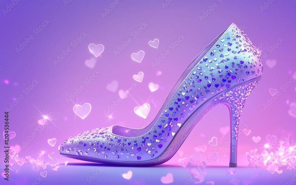 Stylish silver womens high-heeled shoe with glowing hearts on a pastel lavender background Stylish silver womens high-heeled shoe with glowing hearts on a pastel lavender background