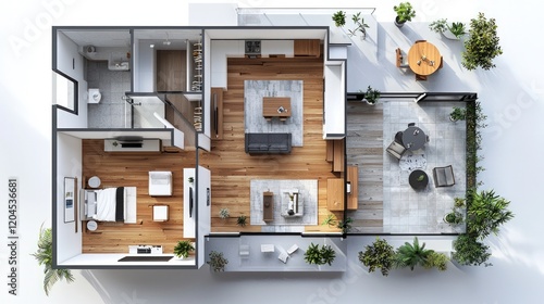 Fototapeta Naklejka Na Ścianę i Meble -  Top-down 3D floor plan of a modern home, showcasing a beautiful open-concept living house layout with seamless room transitions.