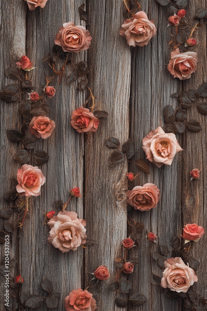 Fototapeta premium A bunch of pink roses on a wooden wall, perfect for decorative purposes or as a symbol of love and appreciation