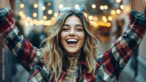 A joyful tattooed woman dances freely in the rain, embracing lifes moments with vibrant energy and carefree spirit.