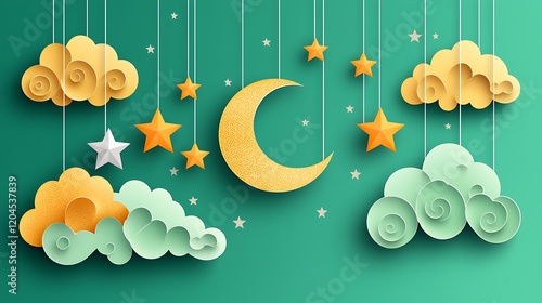 Happy Days clouds Selamat Hari Raya Aidilfitri greeting card. Vector illustration. Hanging ketupat and crescent with stars, paper cut clouds on green background. Caption: Fasting Day Celebration Eid