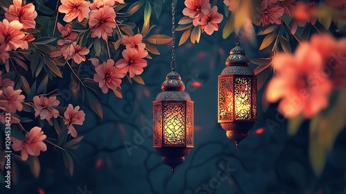 Happy EID Mubarak Islamic festival poster background design with flowers and lanterns, suitable for Ramadan Kareem , Hari Raya, Eid Mubarak, Eid al Adha. Eid