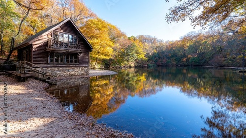Wallpaper Mural Autumn lake cabin reflection; peaceful fall landscape, nature retreat Torontodigital.ca