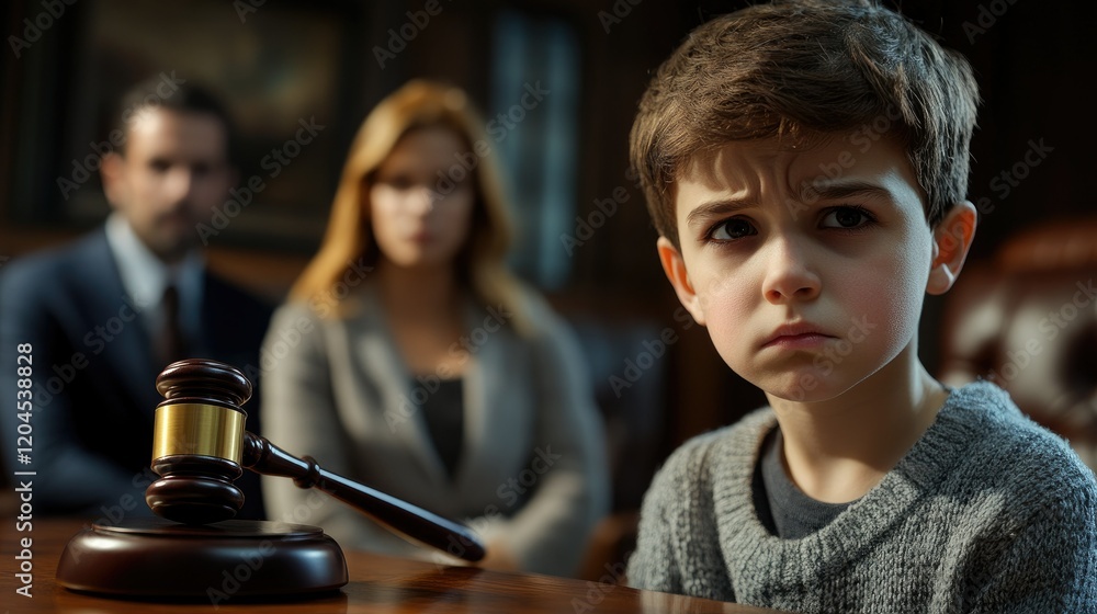 Sad boy sitting at a table in the background of his parents. Sad boy sitting at a table in the background of his parents.