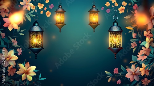 Happy EID Mubarak Islamic festival poster background design with flowers and lanterns, suitable for Ramadan Kareem , Hari Raya, Eid Mubarak, Eid al Adha. Eid