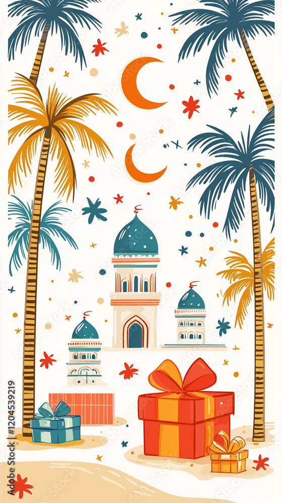 Obraz premium Festive gifts under palm trees near mosque