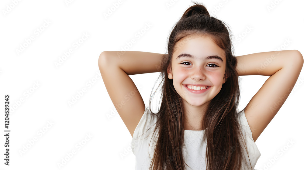 Photo beautiful cute adorable positive smiling happy brunette teenage girl with ponytail in over white background ,high resolution Photo beautiful cute adorable positive smiling happy brunette teenage girl with ponytail in over white background ,high resolution