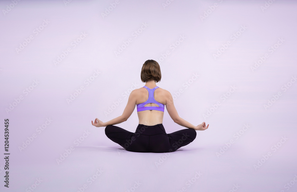 Full body length back rear view gaiety shot athletic and sporty woman doing healthy and meditative yoga exercise workout posture on isolated background. Healthy active and body care lifestyle Full body length back rear view gaiety shot athletic and sporty woman doing healthy and meditative yoga exercise workout posture on isolated background. Healthy active and body care lifestyle