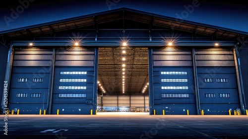 Large hangar doors open at night, illuminated.