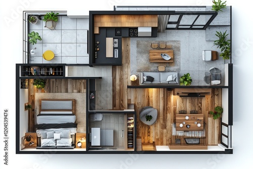 Top-view 3D floor plan of a home, designed with an open-concept living apartment layout to maximize natural light and space