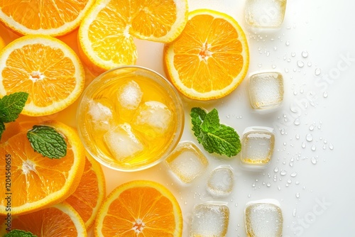 Fresh orange juice with ice and mint.