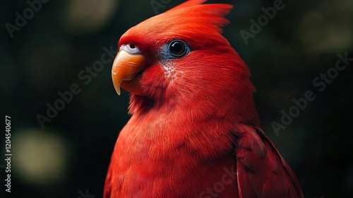 Red bird with a black beak is standing in front of a dark background. The bird's bright red color stands out against the dark background, creating a striking contrast photo