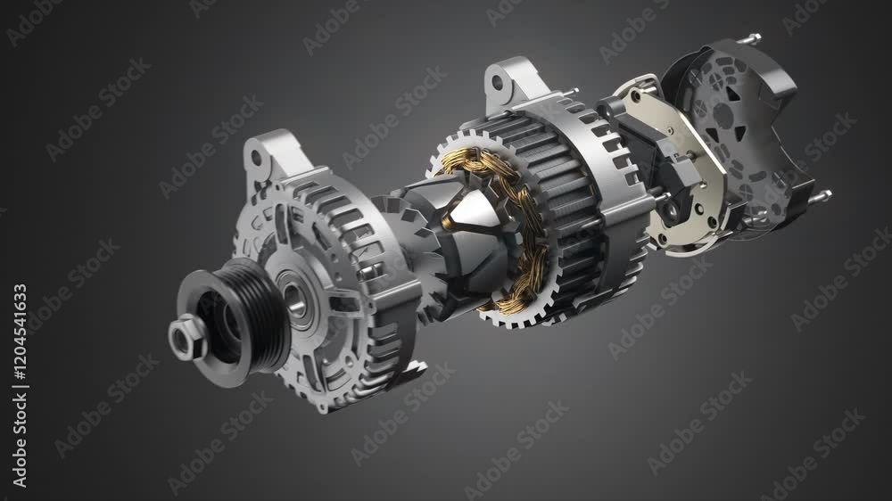 Structure and scheme of car alternator, generator on black background.. 3d animation