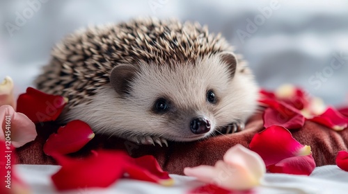 A curious hedgehog nestles on plush fabric amidst scattered rose petals, blending innocence with a touch of romantic elegance. photo