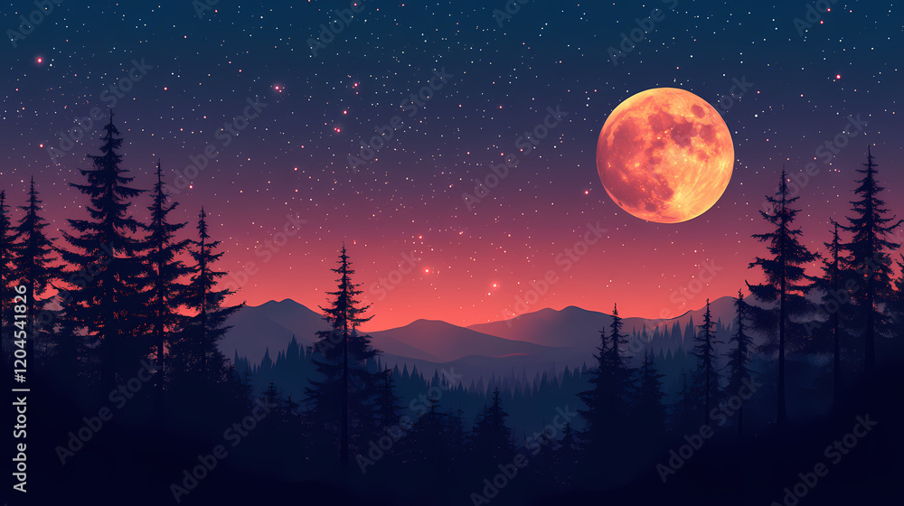 Naklejka premium Blood moon in a starry night sky celestial event photography. Lunar Eclipse. Illustration
