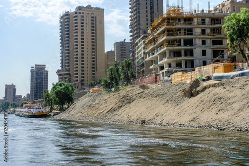 From a boat on the west coast of the Nile, a panoramic view of Aswan city, Egypt, on a sunny day photo