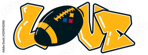love - gold and black football player helmet, sport vector graphics, hockey, for street art - graffiti lettering typography - art illustration - multicolor - writen	