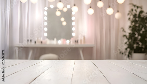 Defocused makeup mirror in dressing room with wooden table top photo