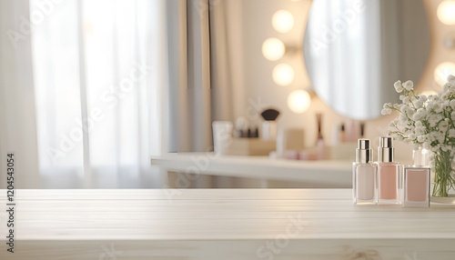Wallpaper Mural Defocused makeup mirror in dressing room with wooden table top Torontodigital.ca