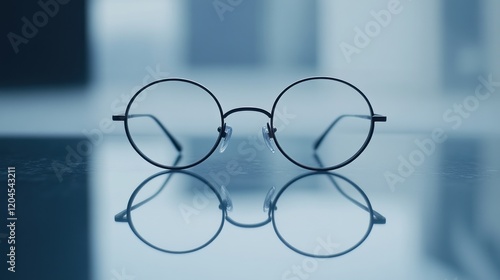 Round eyeglasses reflected on a glass surface.